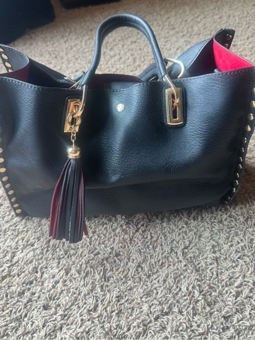 Classic Black Tote Bag with Red Interior, Gold Accents and Tassle